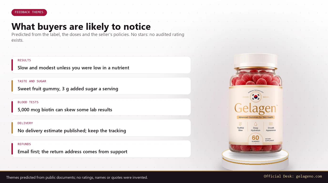 Gelagen bottle on a marble plinth beside five feedback theme cards for results, taste, lab tests, delivery and refunds